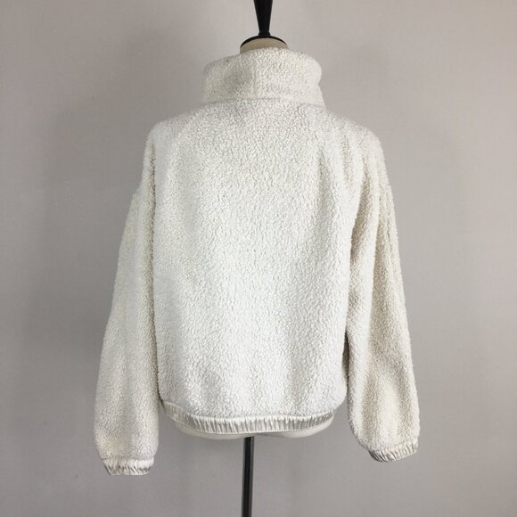 ATHLETA Ivory Asym Zip Collar Satin Trim Fur Fluffy Pullover Jacket - Picture 10 of 12